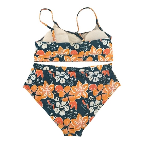 Orange and Blue Hawaian Floral Bikini Set with High-Waisted Bottoms Size Medium - Picture 2 of 3